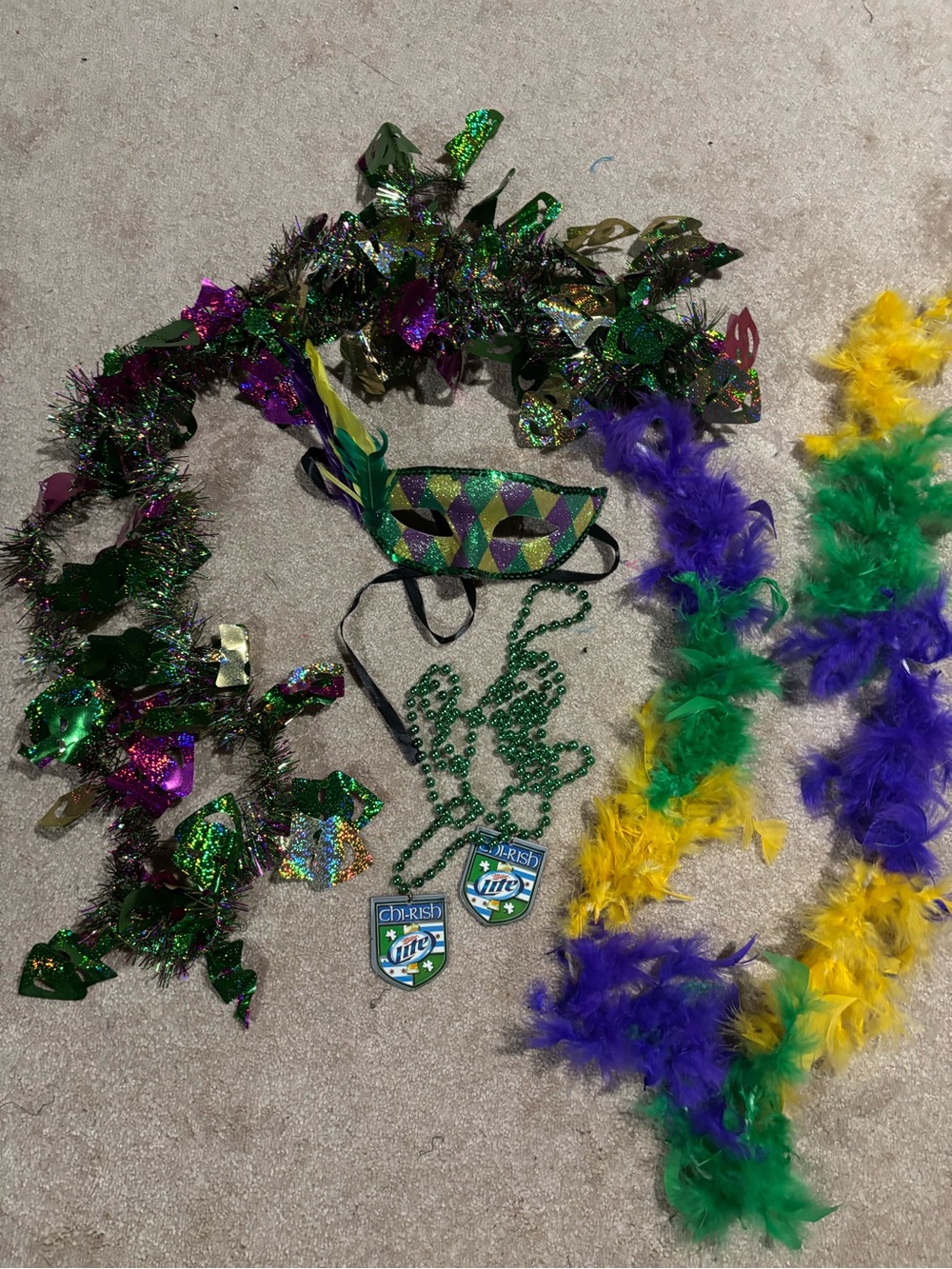 Mardi Gras Feather Boa and Mask Party Set - Green, Purple, Yellow